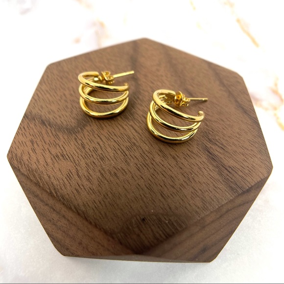 Gold Huggie Triple Hoop Earrings - Picture 3 of 3